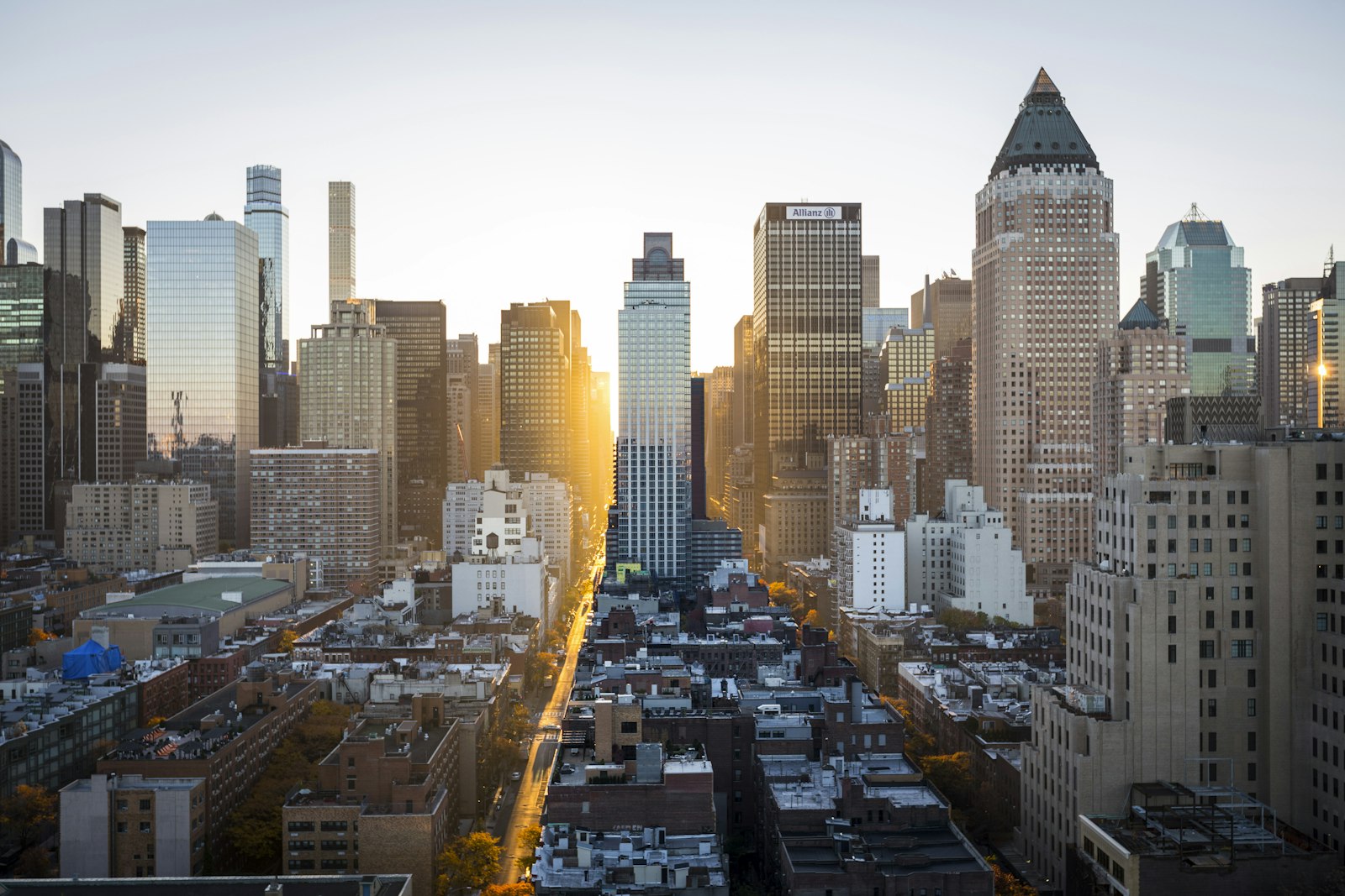 Aerial view of an urban street corridor at golden hour